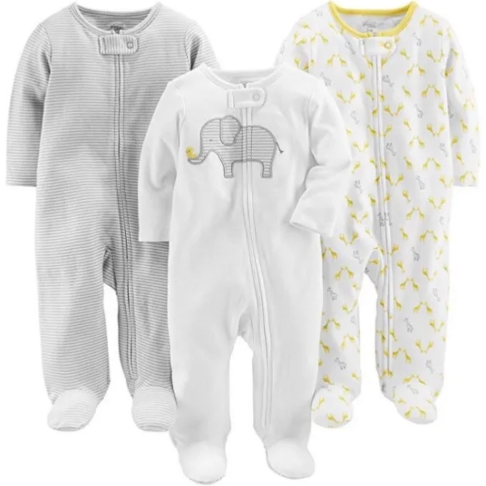 Carter’s Giraffe, Elephant, Chick Neutral Zip Sleep & Plays Set of 3 New